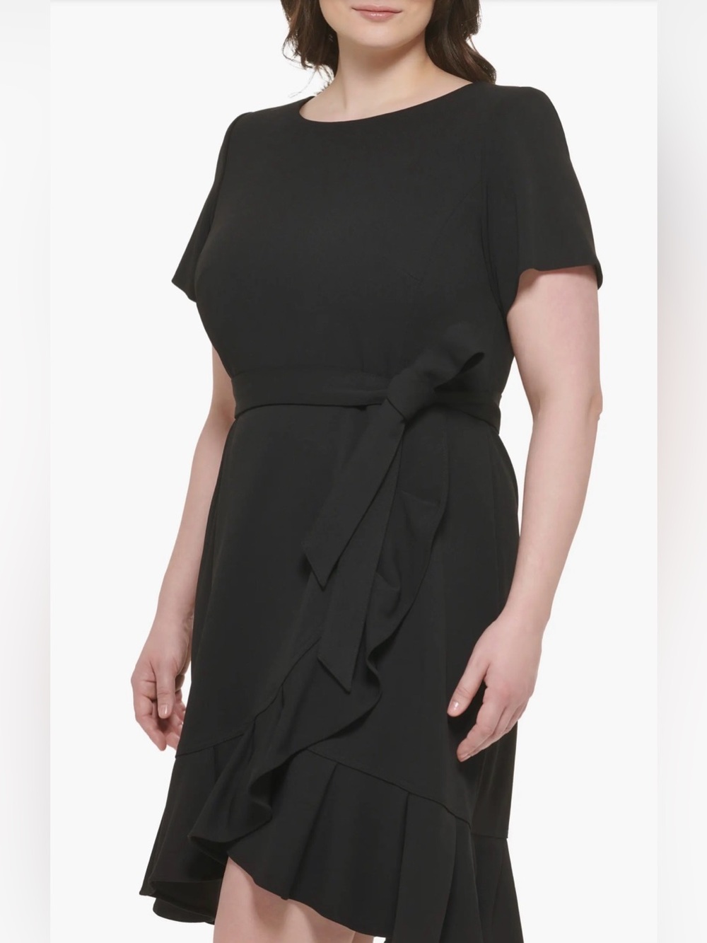 Calvin Klein Black Short-Sleeve Ruffle Wrap Midi Dress with Waist Tie - Size 8 - Picture 4 of 10
